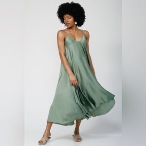 Silk & Salt Go With The Flow Maxi Dress Satin Flowy Boho Enchanting Green NEW